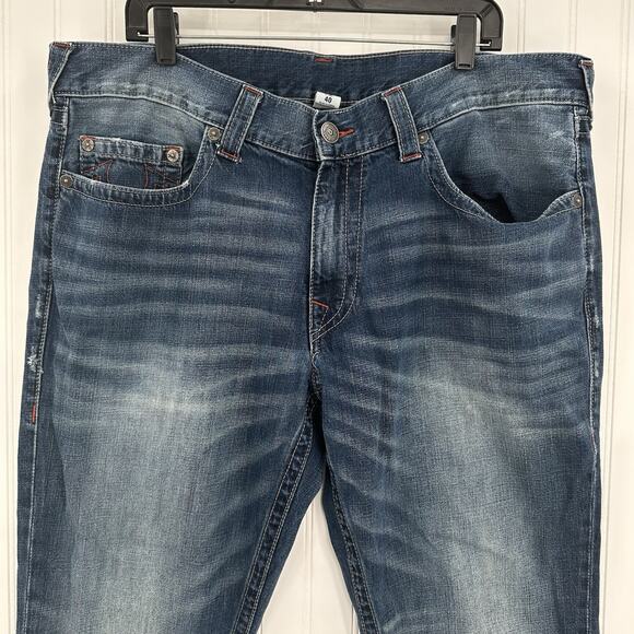 True Religion Jeans Mens 40x34 Section Straight Leg Blue Denim Distressed *Flaw - Picture 3 of 15